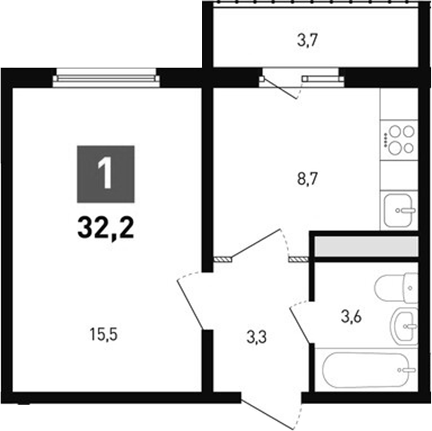 Планировка 1-комнатная 32,2 м²
