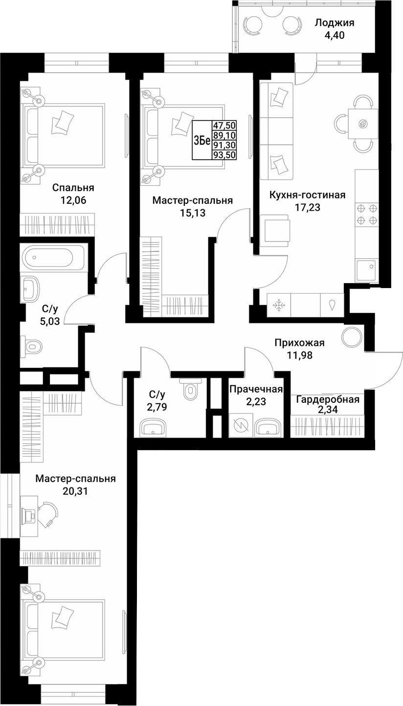 Планировка 3-комнатная 91,3 м²
