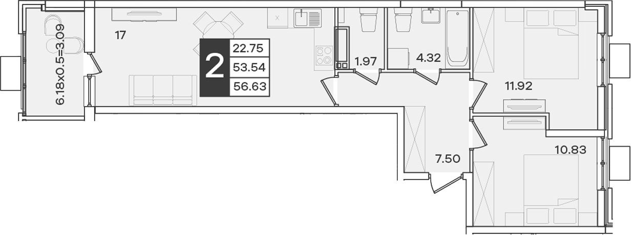 Планировка 2-комнатная 56,63 м²