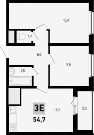 Планировка 3-комнатная 54,7 м²