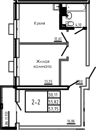 Планировка 2-комнатная 57,75 м²