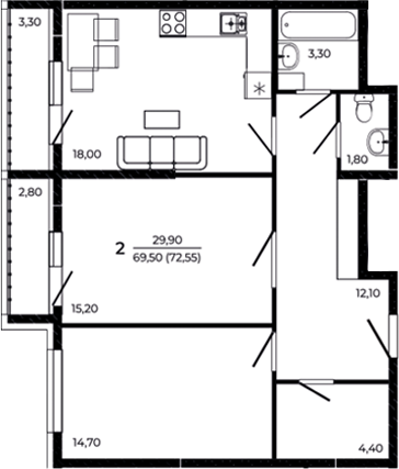 Планировка 2-комнатная 72,55 м²