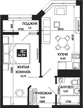 Планировка 1-комнатная 34,98 м²