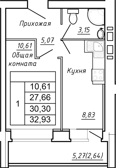 Планировка 1-комнатная 32,93 м²