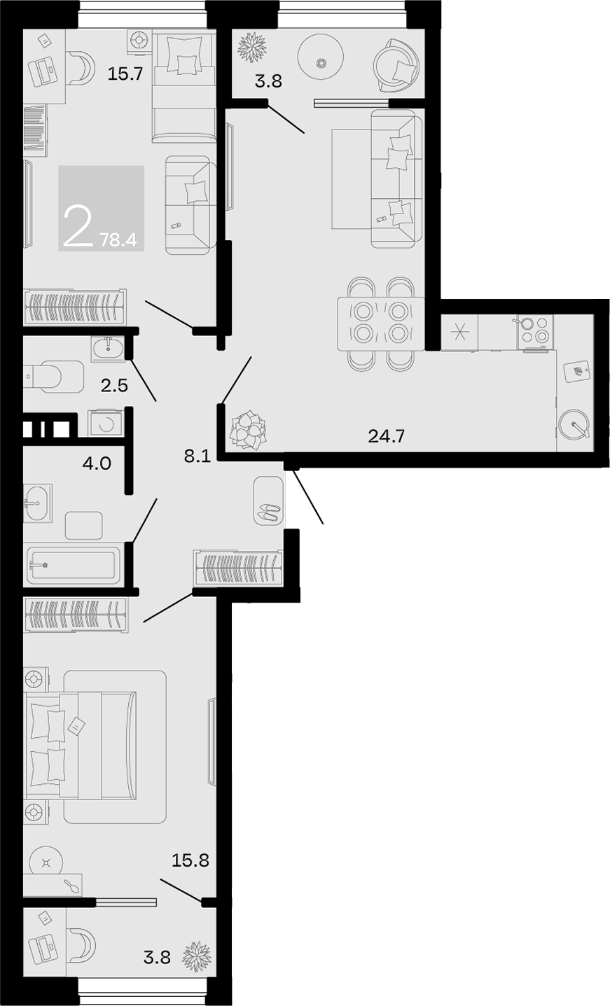 Планировка 2-комнатная 78,4 м²
