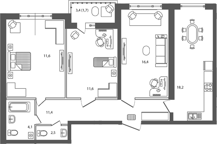 Планировка 3-комнатная 77,5 м²