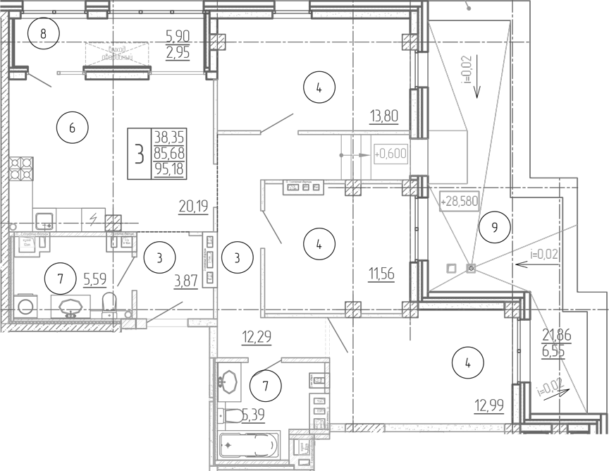 Планировка 3-комнатная 95,18 м²
