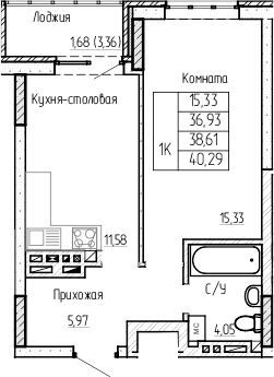 Планировка 1-комнатная 38,61 м²