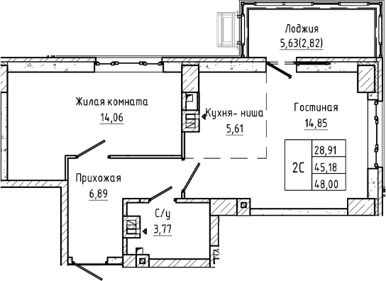Планировка 2-комнатная 48 м²