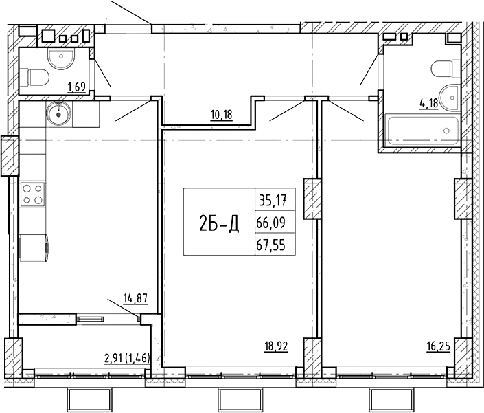 Планировка 2-комнатная 67,55 м²