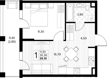 Планировка 2-комнатная 39,1 м²