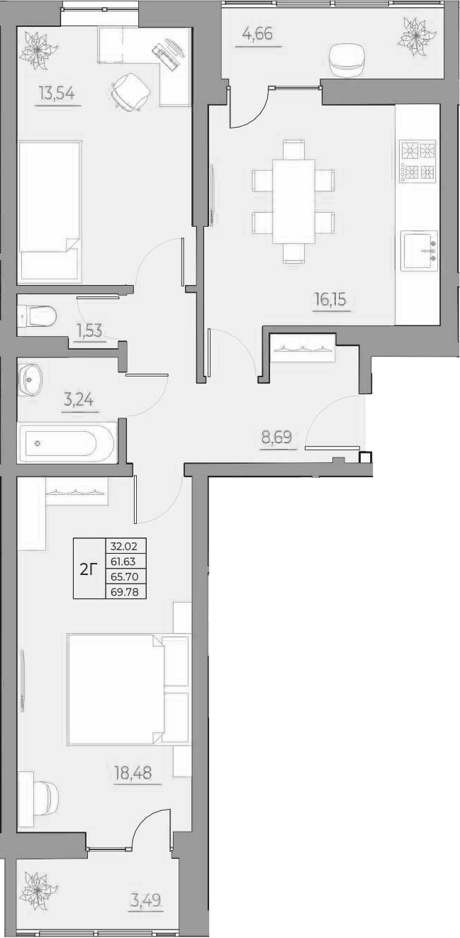 Планировка 2-комнатная 69,78 м²