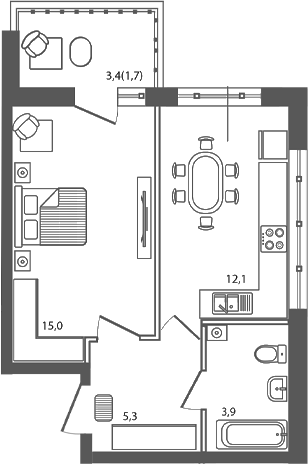 Планировка 1-комнатная 38 м²