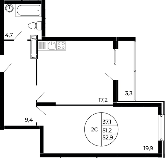Планировка 2-комнатная 52,9 м²