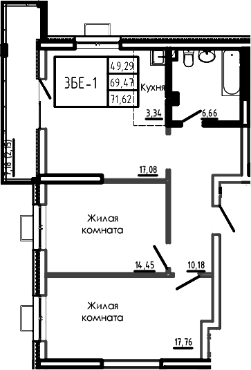 Планировка 3-комнатная 71,53 м²