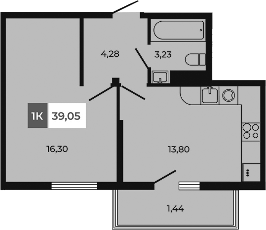 Планировка 1-комнатная 39,05 м²