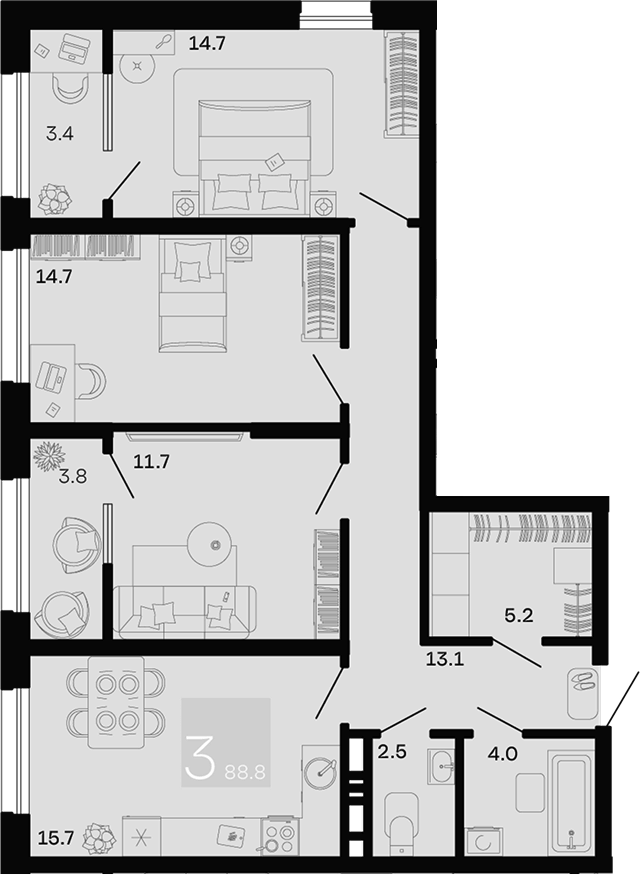 Планировка 3-комнатная 88,8 м²