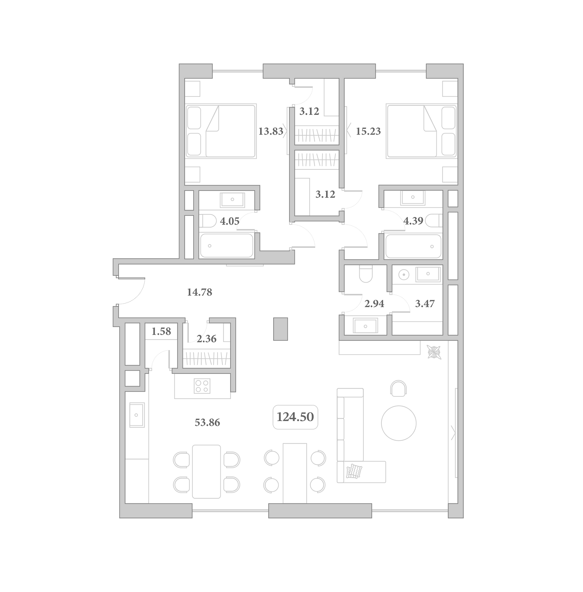 Планировка 3-комнатная 124,5 м²