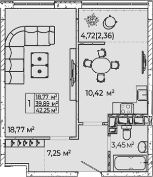 Планировка 1-комнатная 42,25 м²