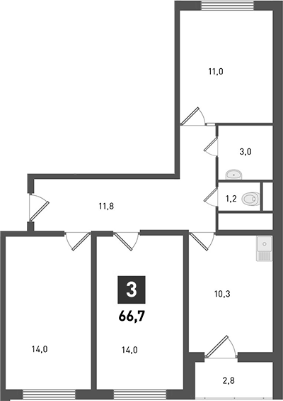 Планировка 3-комнатная 66,7 м²