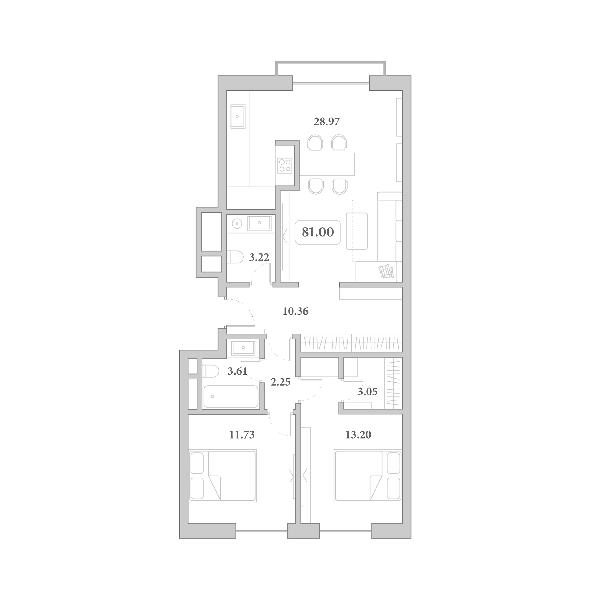 Планировка 3-комнатная 81 м²