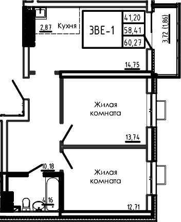 Планировка 3-комнатная 59,97 м²