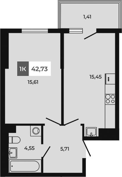 Планировка 1-комнатная 42,73 м²