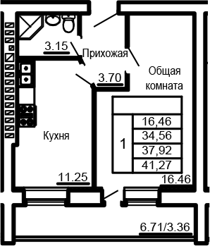 Планировка 1-комнатная 41,27 м²