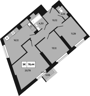 Планировка 3-комнатная 78,44 м²