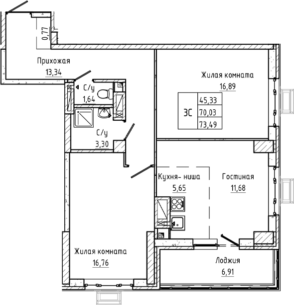 Планировка 3-комнатная 73,49 м²