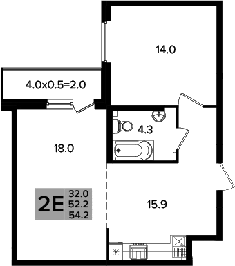Планировка 3-комнатная 52,55 м²