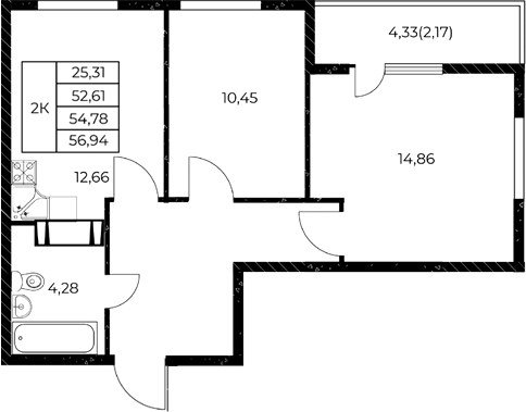 Планировка 2-комнатная 56,94 м²