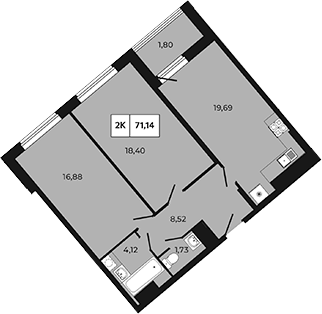 Планировка 2-комнатная 71,14 м²