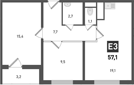 Планировка 3-комнатная 57,1 м²