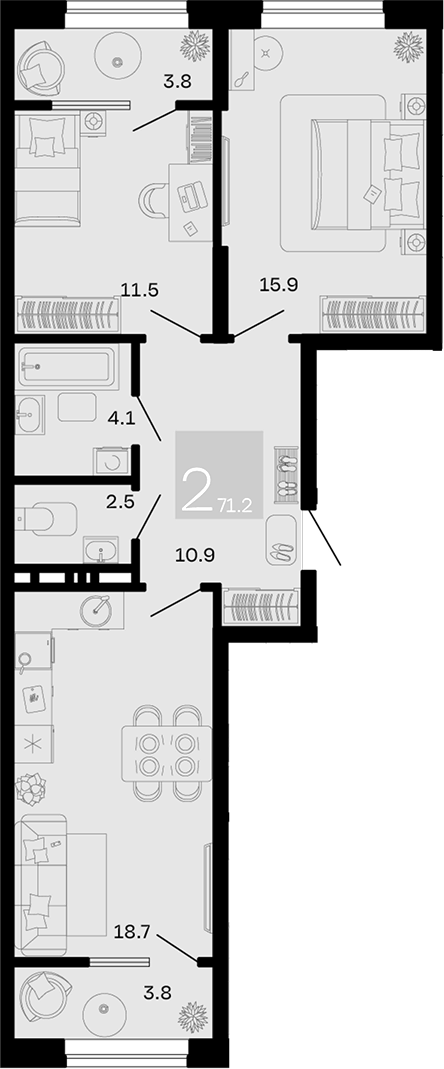 Планировка 3-комнатная 71,2 м²