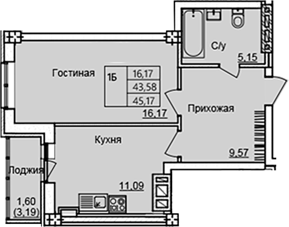 Планировка 1-комнатная 43,58 м²