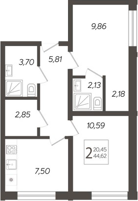 Планировка 2-комнатная 44,62 м²