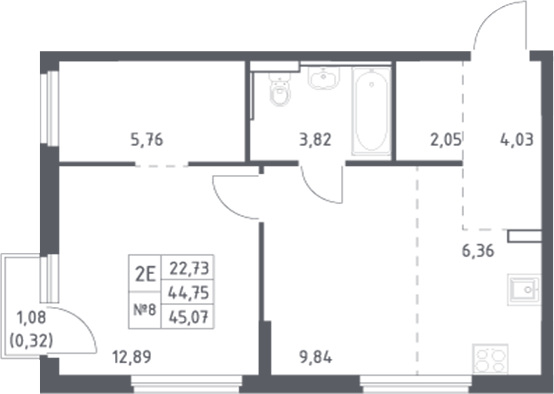 Планировка 2-комнатная 45,07 м²