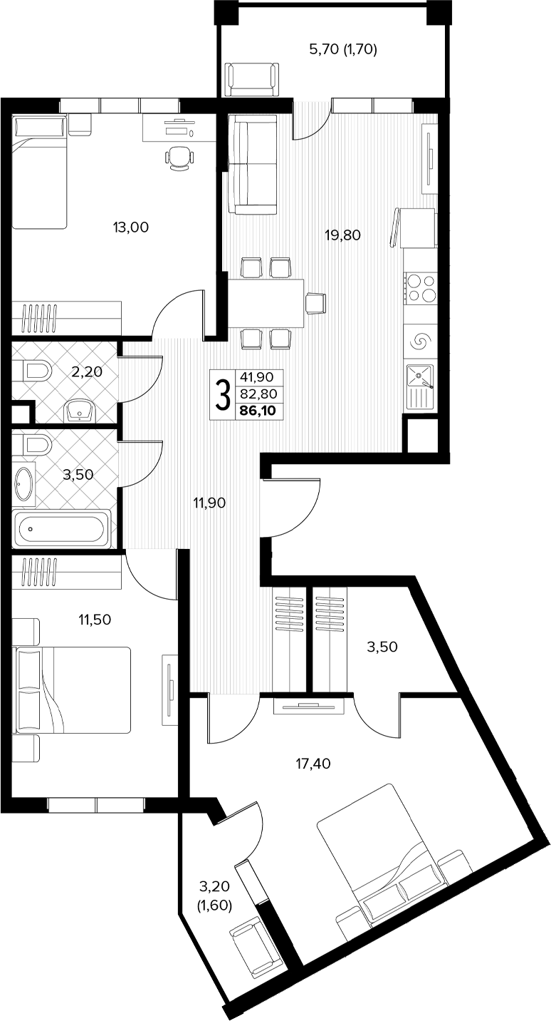 Планировка 3-комнатная 86,1 м²