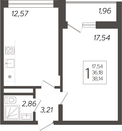 Планировка 1-комнатная 38,14 м²