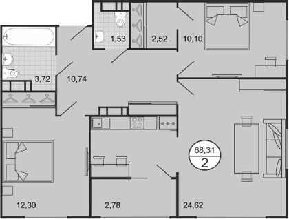 Планировка: 3-комн. квартира 68,3 м²