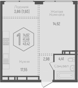 Планировка 2-комнатная 43,7 м²