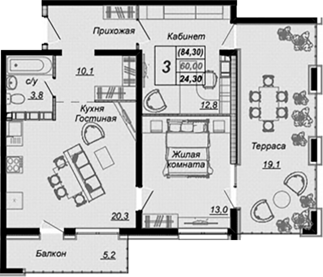 Планировка 1-комнатная 80,8 м²