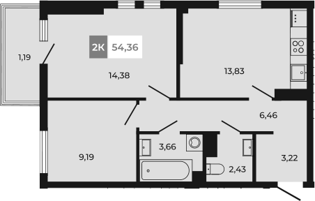 Планировка 2-комнатная 54,36 м²