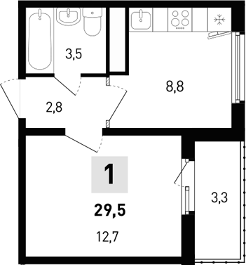 Планировка 1-комнатная 29,5 м²