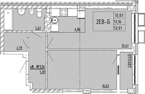 Планировка 2-комнатная 52,61 м²