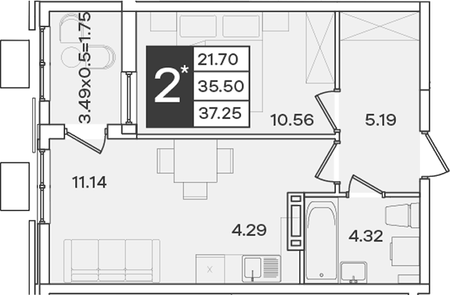Планировка 2-комнатная 37,25 м²