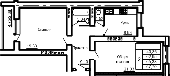 Планировка 2-комнатная 69,1 м²