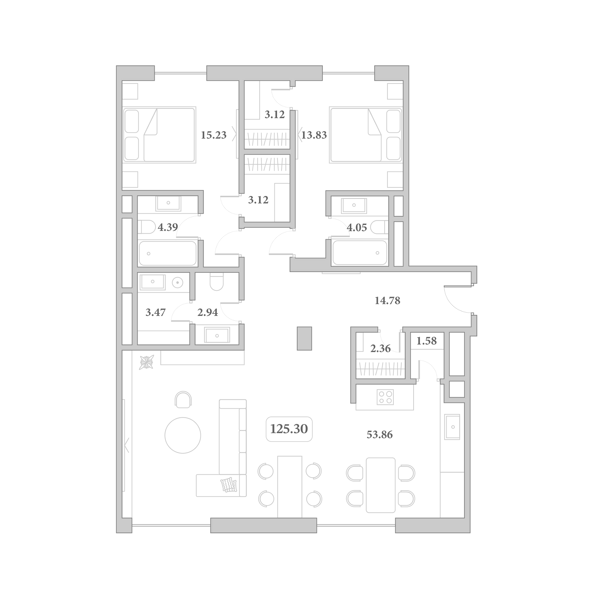 Планировка 3-комнатная 125,3 м²