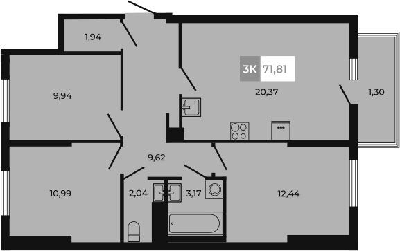 Планировка 3-комнатная 71,81 м²